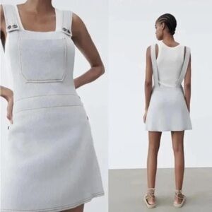 Zara Twee Knit Overall Dress Light Blue Ribbed Kangaroo Pocket SZ SM Fit & Flare